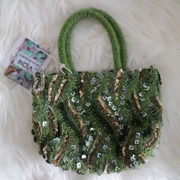 NWT VIRAL Made In India Green Beaded Sequin Mini Purse Hangbag - Picture 2 of 7